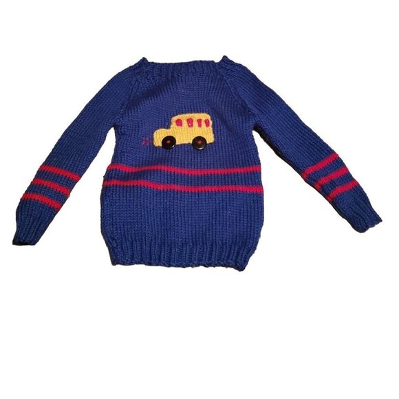 Baby Blue Handmade Knit Sweater w/Yellow School Bus & Black Button Wheels -2T-4T - Picture 1 of 10